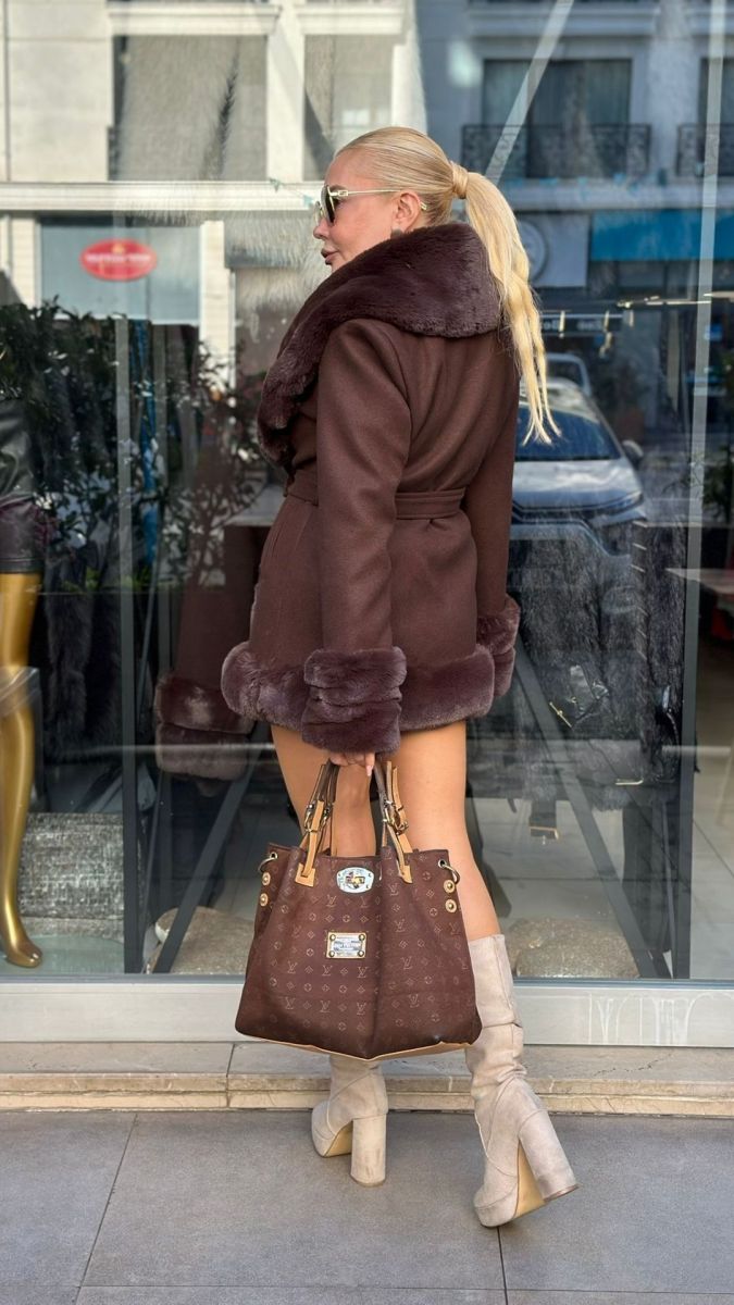 Özel Tasarım Kürk Detaylı Kahve Kaşe Mont