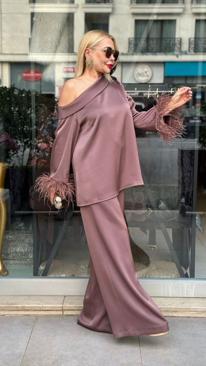 Özel Tasarım Krep Kumaş Kahve İkili Takım