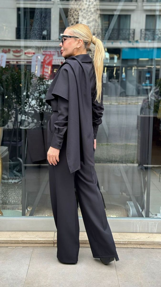 Özel Tasarım Atlas Kumaş Şal Detaylı Siyah Takım