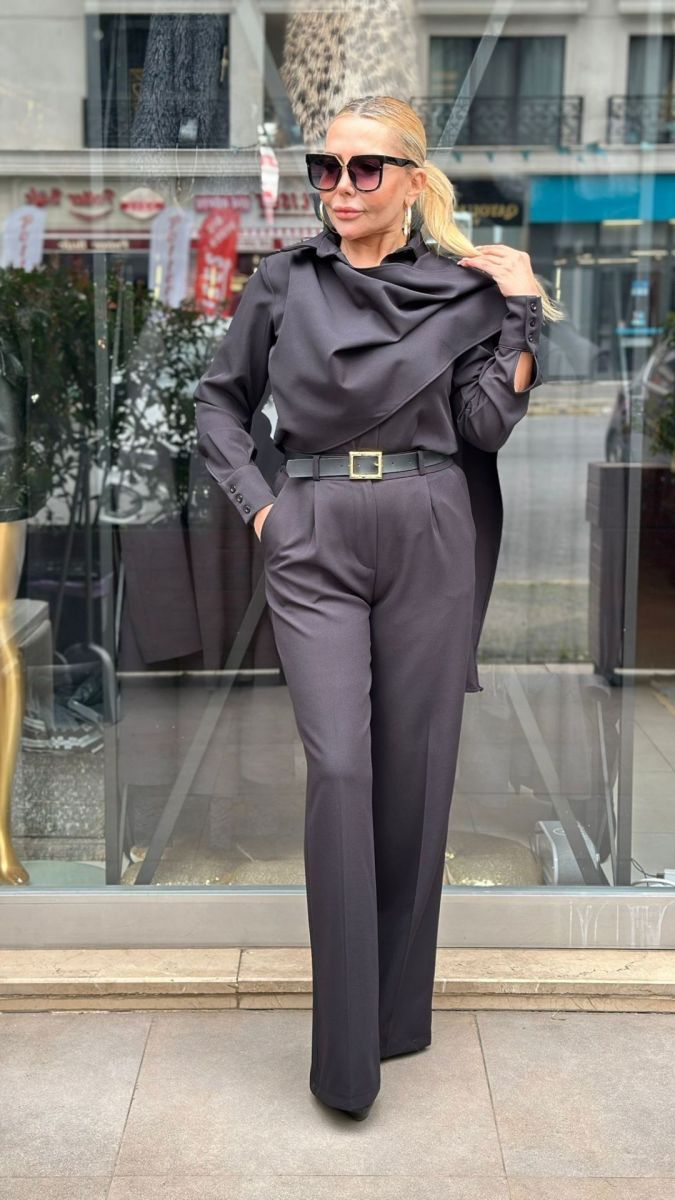 Özel Tasarım Atlas Kumaş Şal Detaylı Siyah Takım