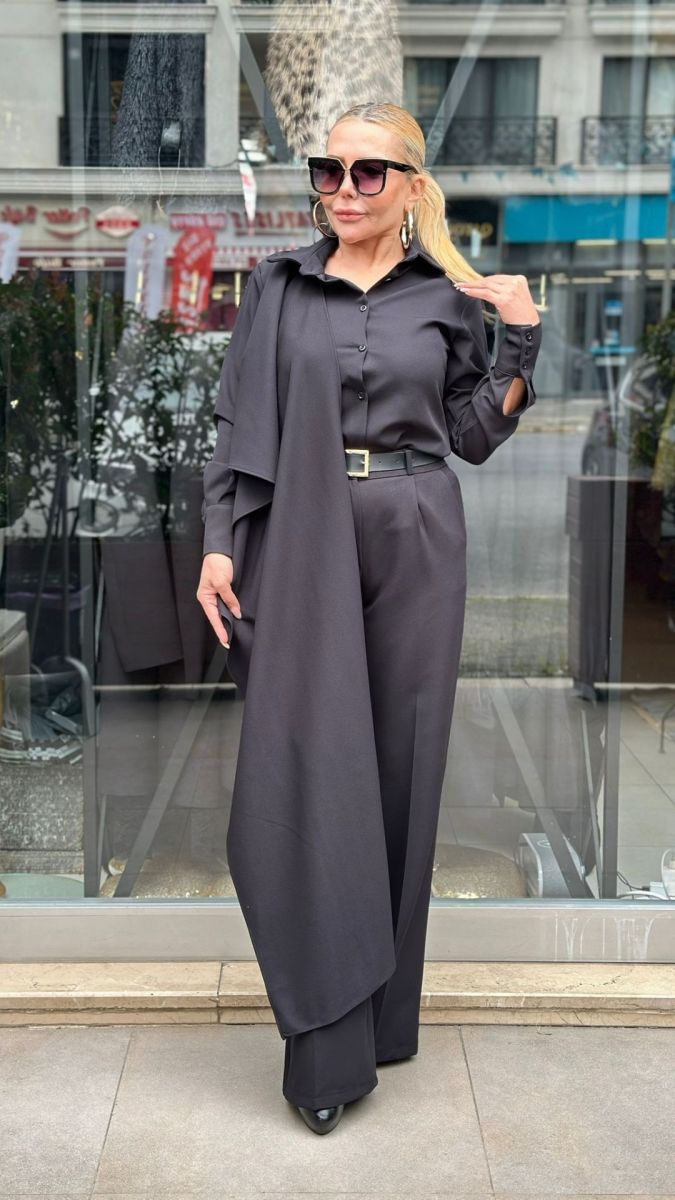 Özel Tasarım Atlas Kumaş Şal Detaylı Siyah Takım