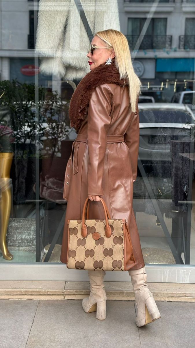 Özel Tasarım Kürk Detaylı Kahve Maksi Palto