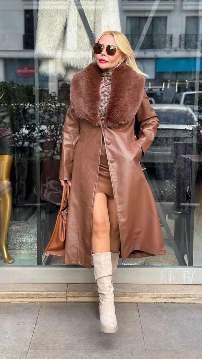 Özel Tasarım Kürk Detaylı Kahve Maksi Palto