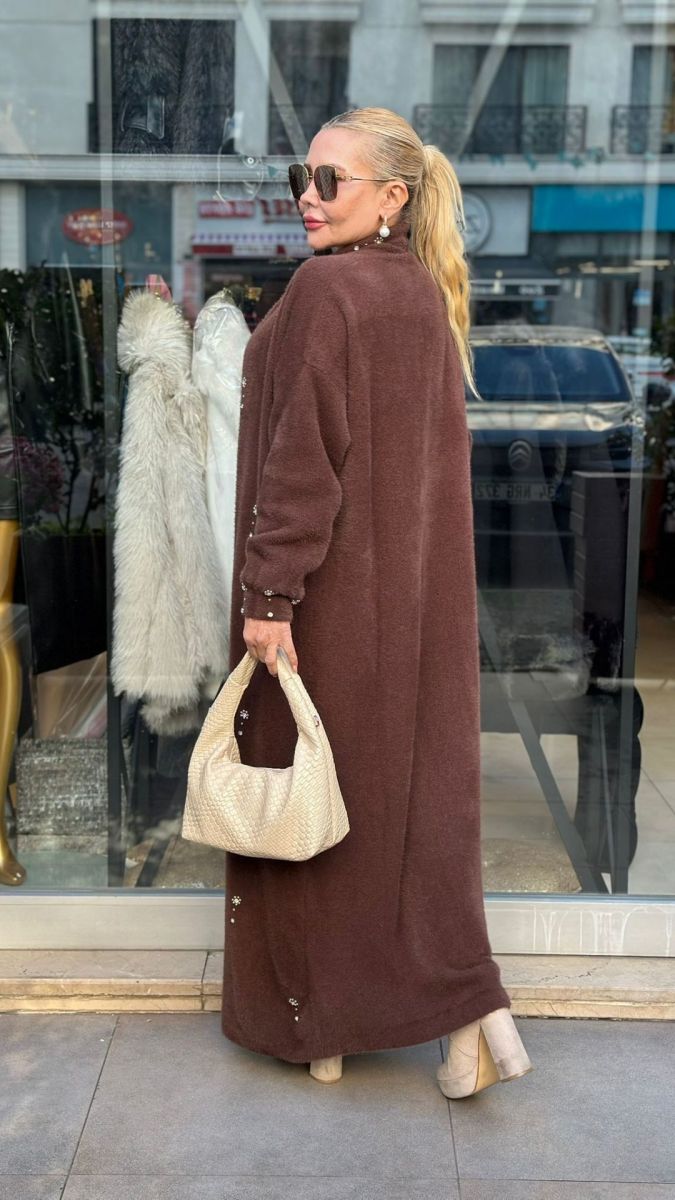 Taş Detaylı Angora Kahve Hırka