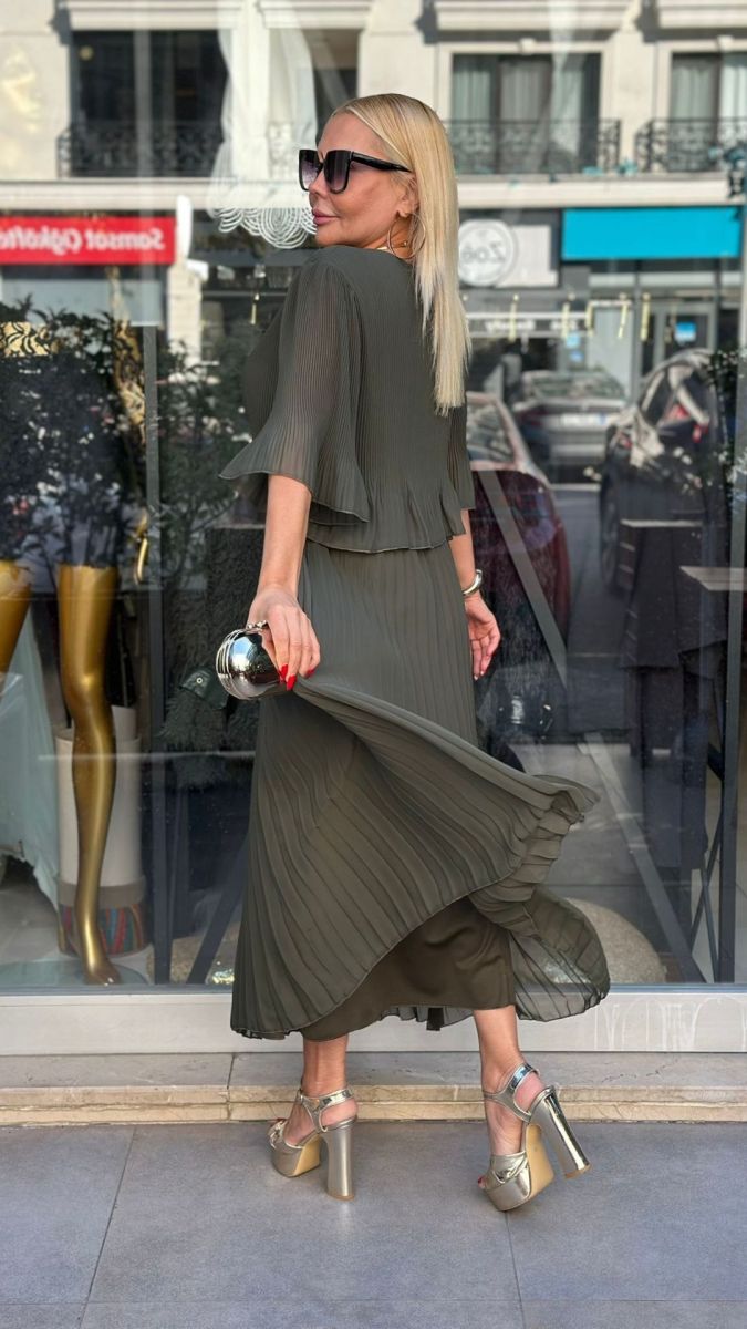 Haki Yeşil Piliseli Elbise