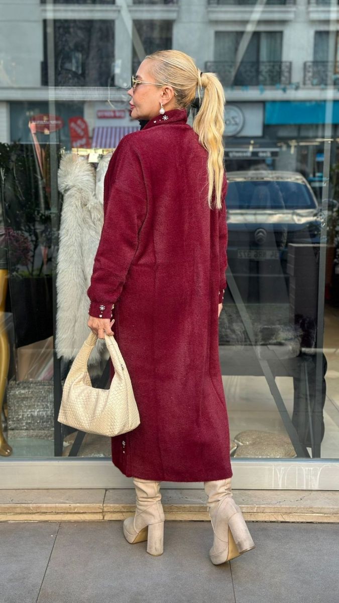Taş Detaylı Angora Bordo Hırka