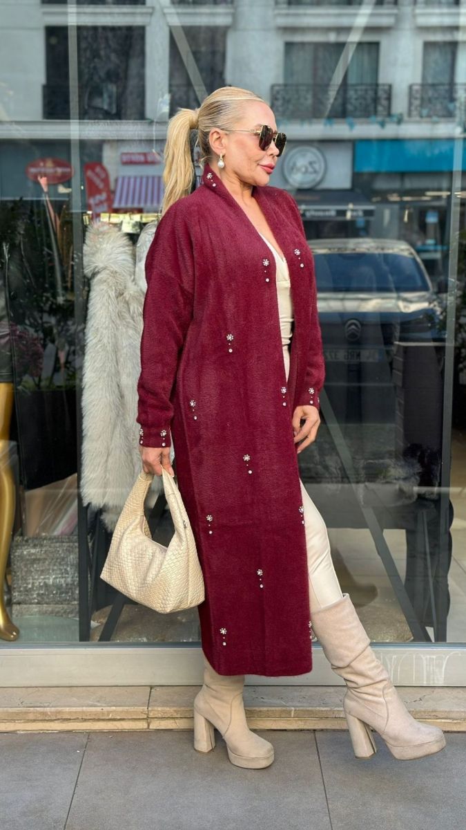 Taş Detaylı Angora Bordo Hırka
