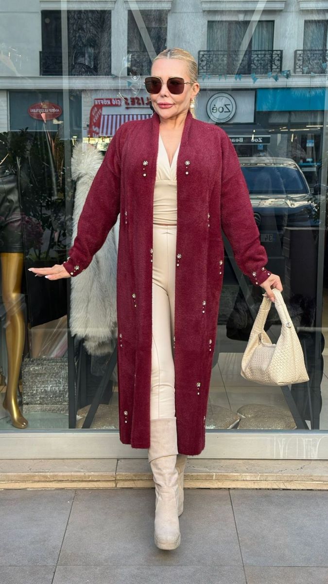Taş Detaylı Angora Bordo Hırka