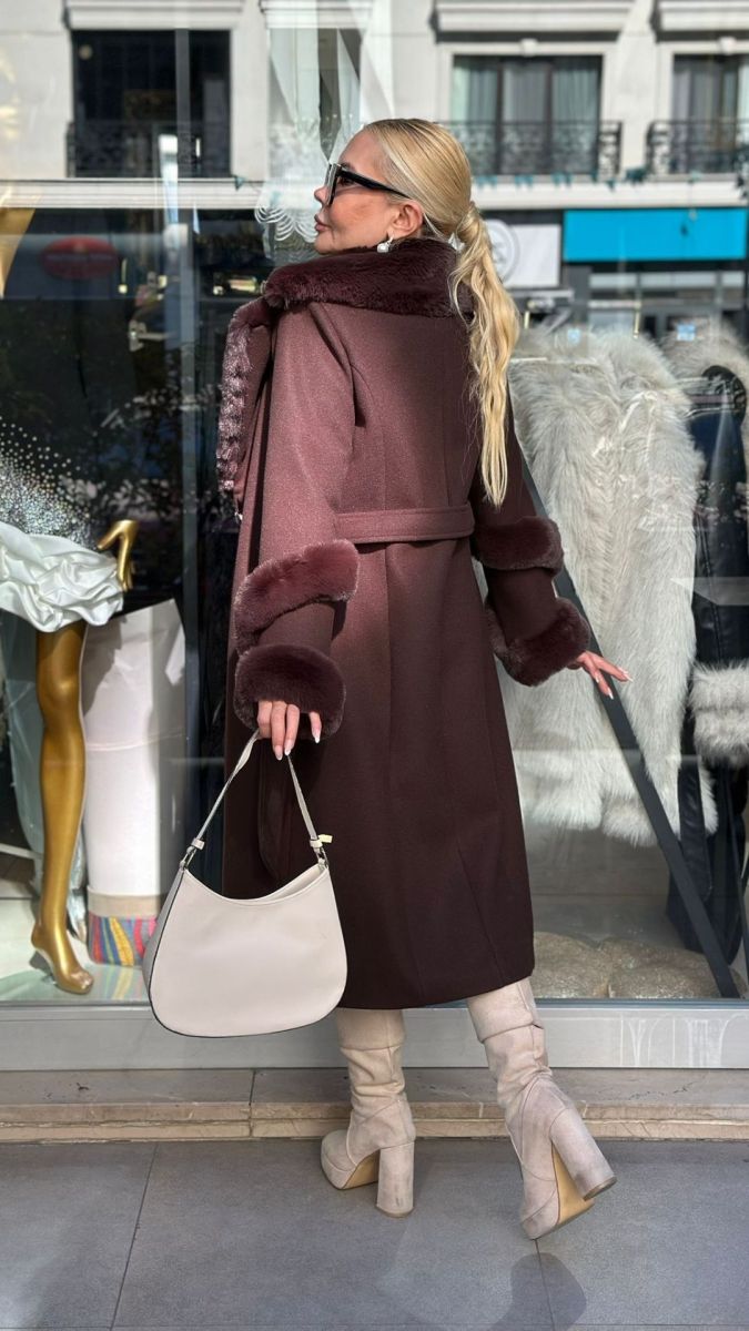 Özel Tasarım Kürk Detaylı Kahve Kaşe Palto