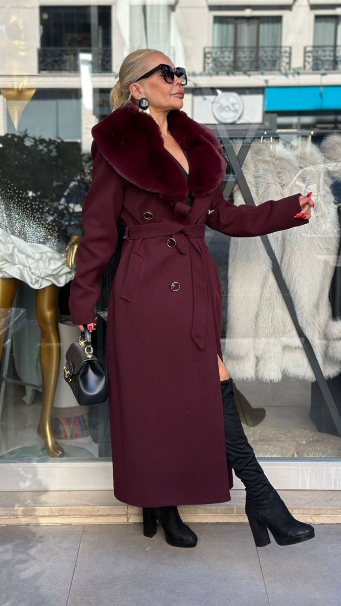 Özel Tasarım Bordo Kürk Detaylı Kaşe Palto (Yakası Çıkan)