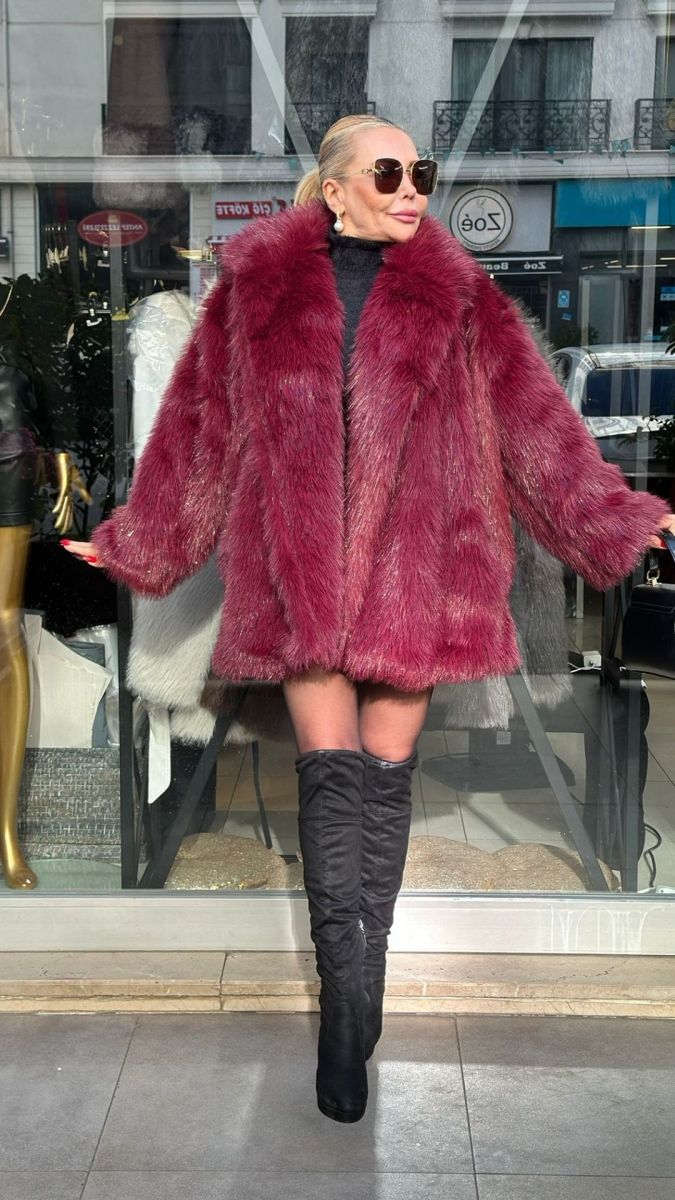 Özel Tasarım Simli Bordo Büyük Beden Kürk