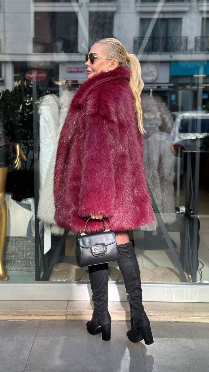 Özel Tasarım Simli Bordo Büyük Beden Kürk