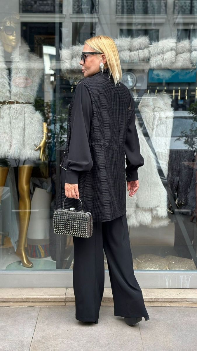 Atlas Kumaş Siyah Üçlü Takım