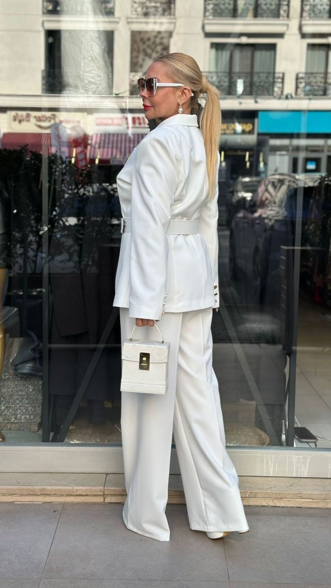 Büyük Beden Atlas Kumaş Beyaz Takım