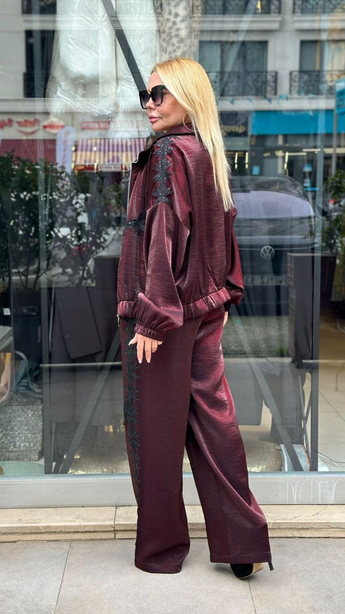 Dantel Detaylı Bordo Saten Takım