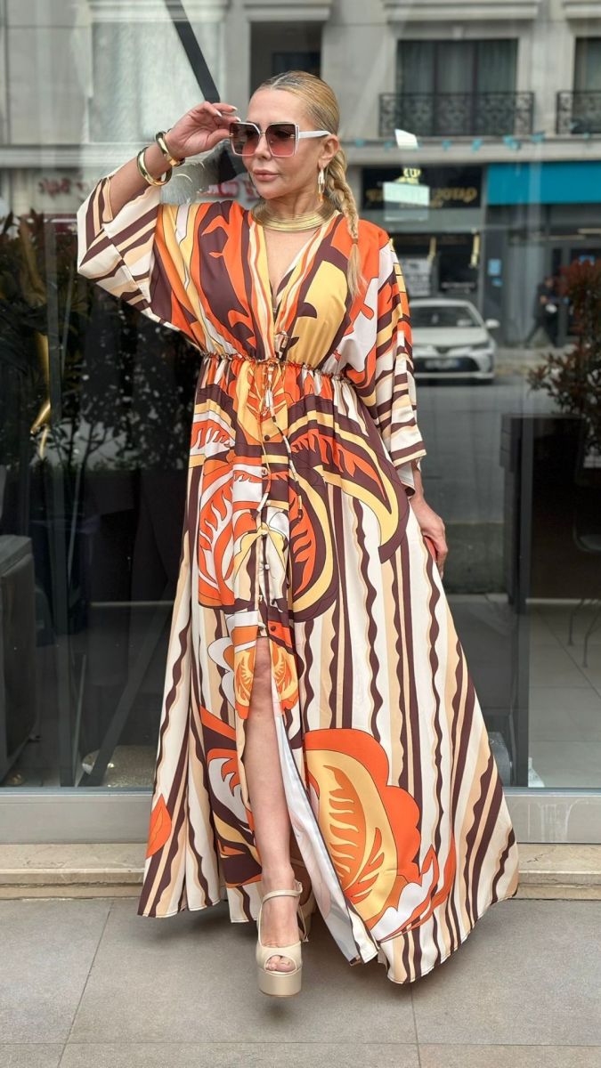 Jesika Kumaş Desenli Turuncu Elbise