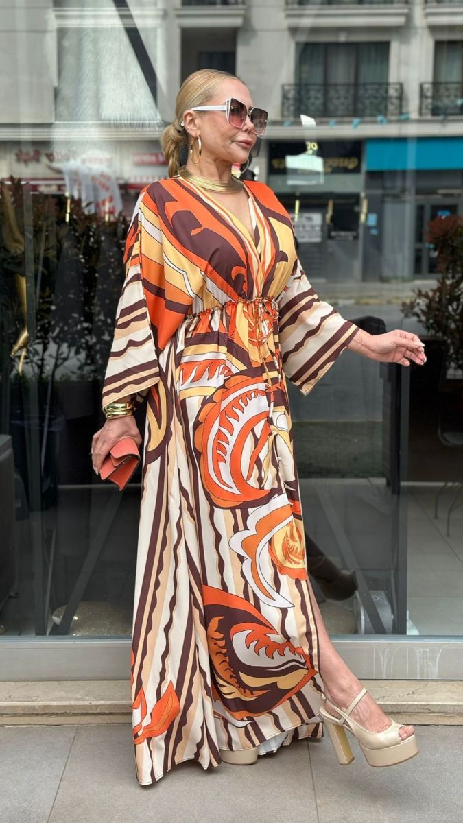 Jesika Kumaş Desenli Turuncu Elbise