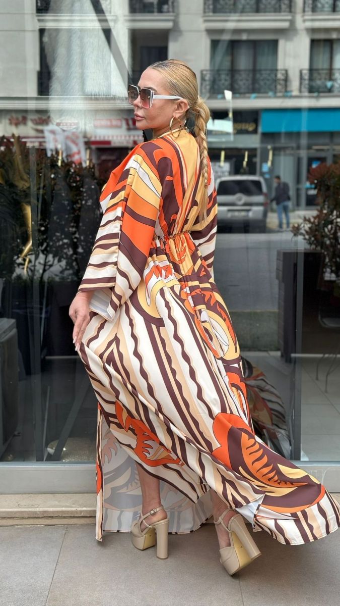 Jesika Kumaş Desenli Turuncu Elbise