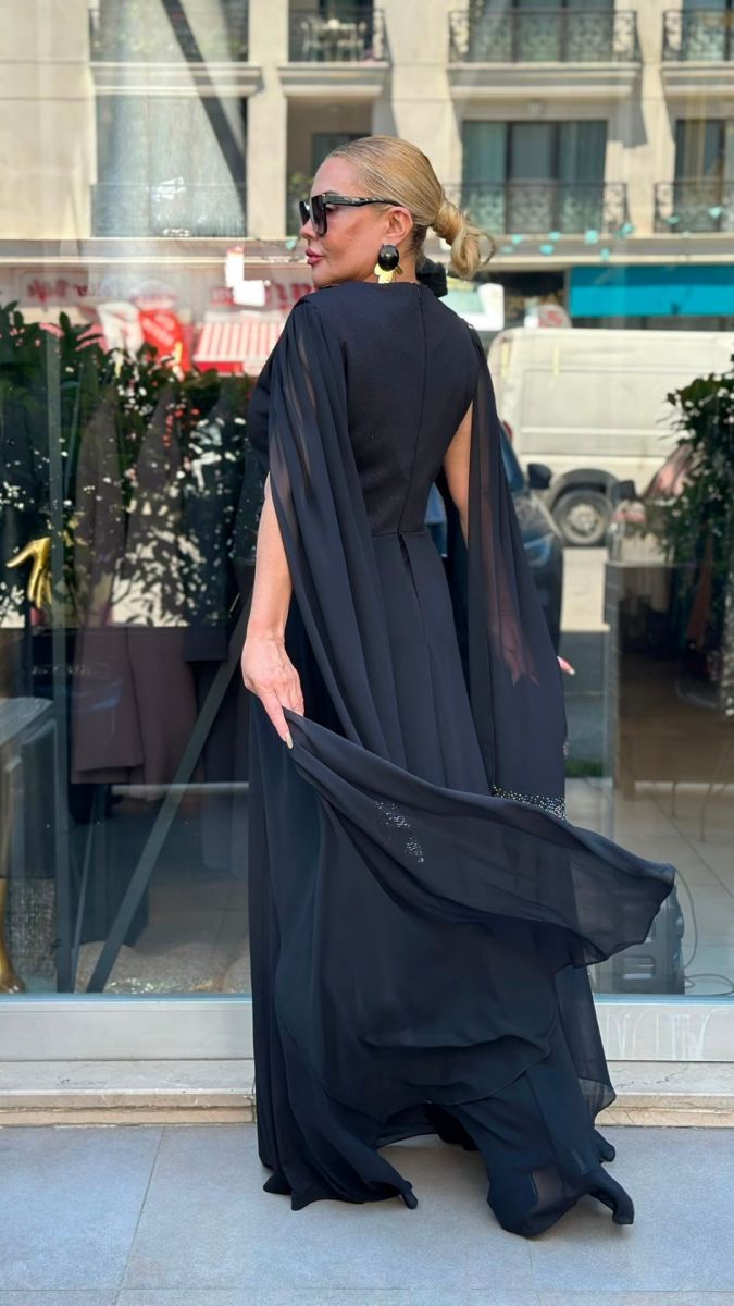 İthal Özel Tasarım Kaftan Kol Siyah Tulum