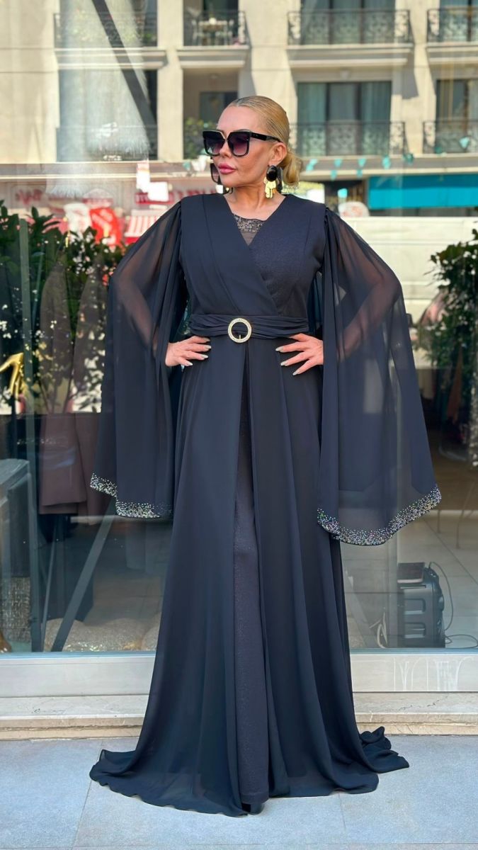 İthal Özel Tasarım Kaftan Kol Siyah Tulum