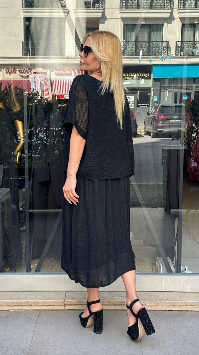 Büyük Beden Keten Siyah Elbise