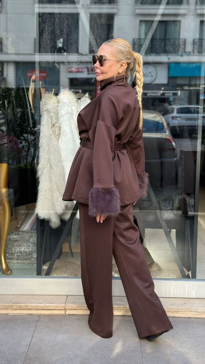 Kolu Kürklü Kahve İkili Takım