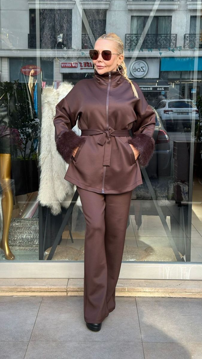 Kolu Kürklü Kahve İkili Takım