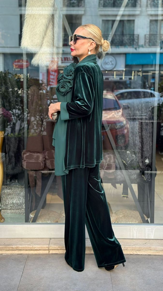 Özel Tasarım Yeşil Kadife Üçlü Takım