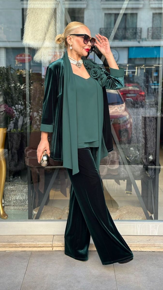 Özel Tasarım Yeşil Kadife Üçlü Takım