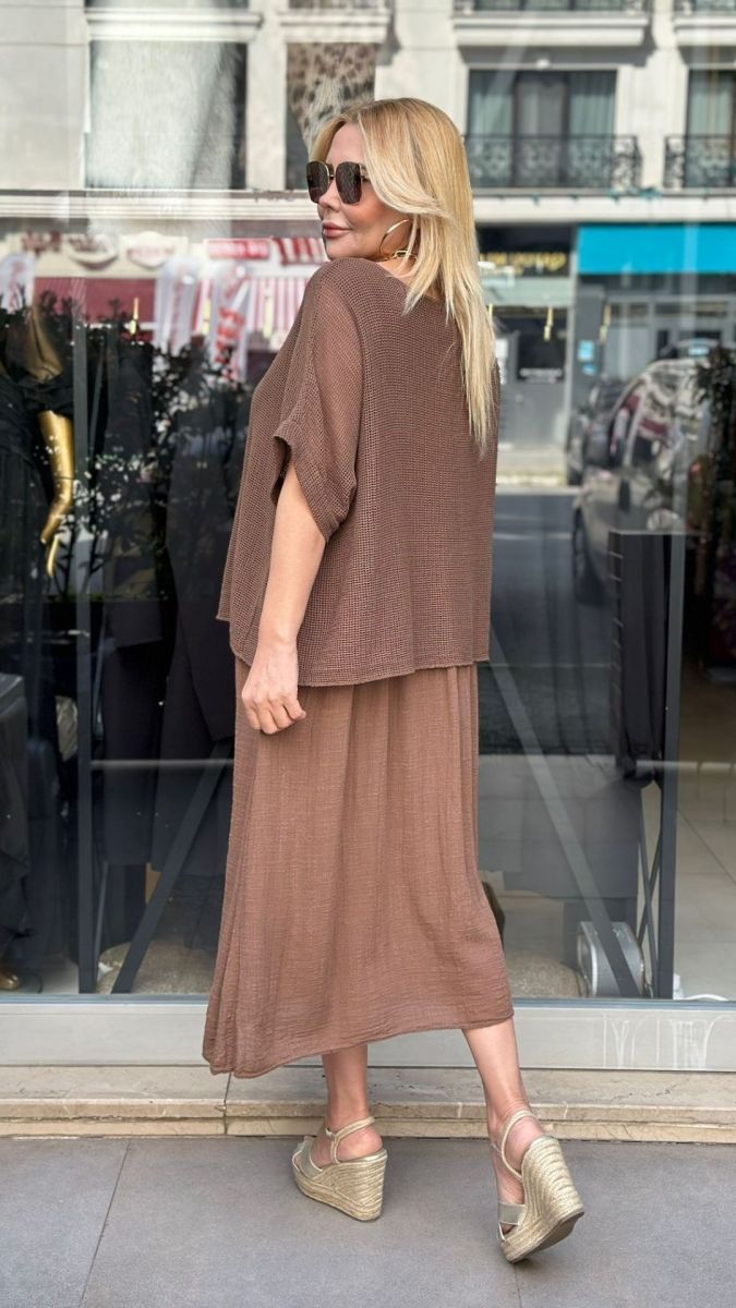 İthal Keten Kahve Elbise