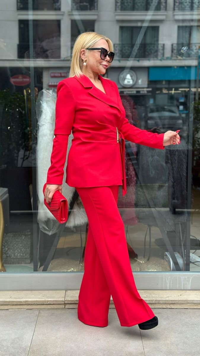 Özel Tasarım Double Atlas Kumaş Kırmızı İkili Takım