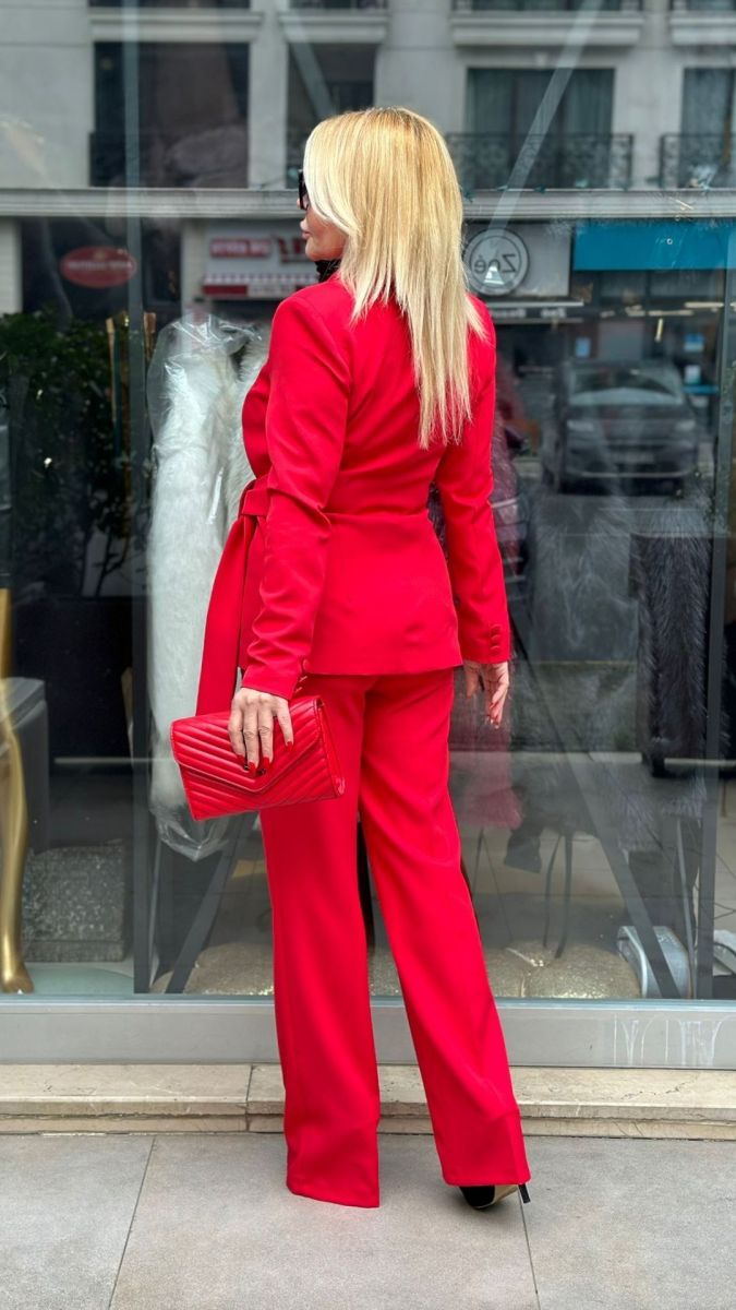 Özel Tasarım Double Atlas Kumaş Kırmızı İkili Takım