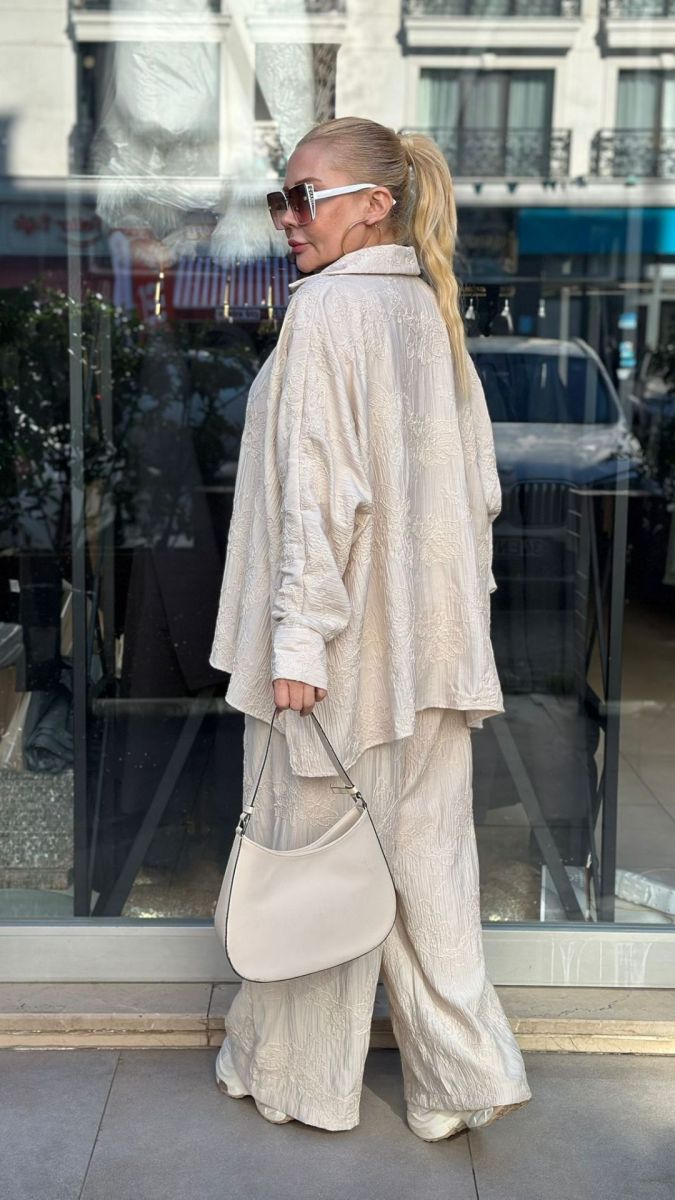 İşlemeli Belmando Krem İkili Takım (Büyük Beden)