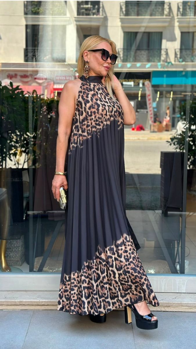 Leopar Desenli Krep Kumaş Elbise