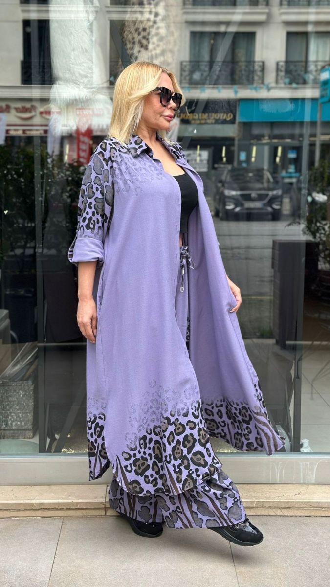 Leopar Detaylı Lila Takım