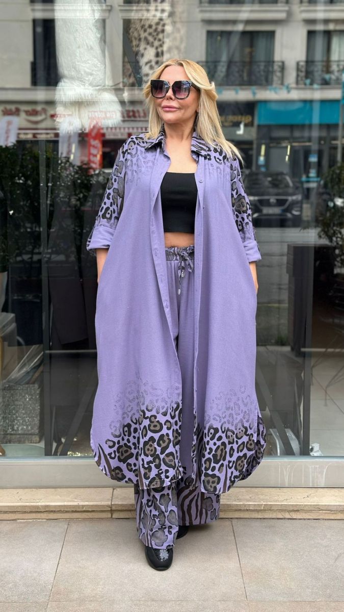Leopar Detaylı Lila Takım