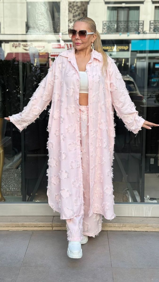 Püsküllü Keten Pembe Takım