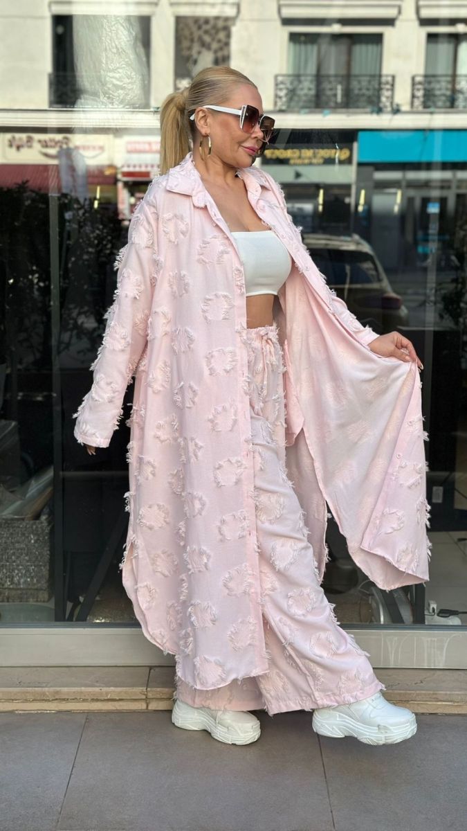 Püsküllü Keten Pembe Takım