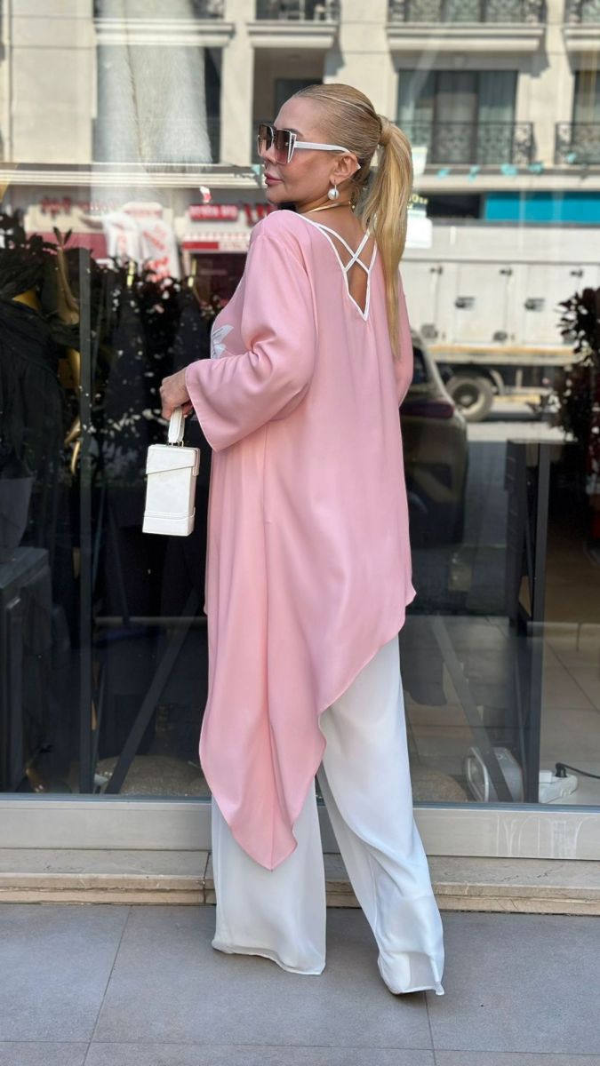 Özel Tasarım Asimetrik Şifon Pembe Takım