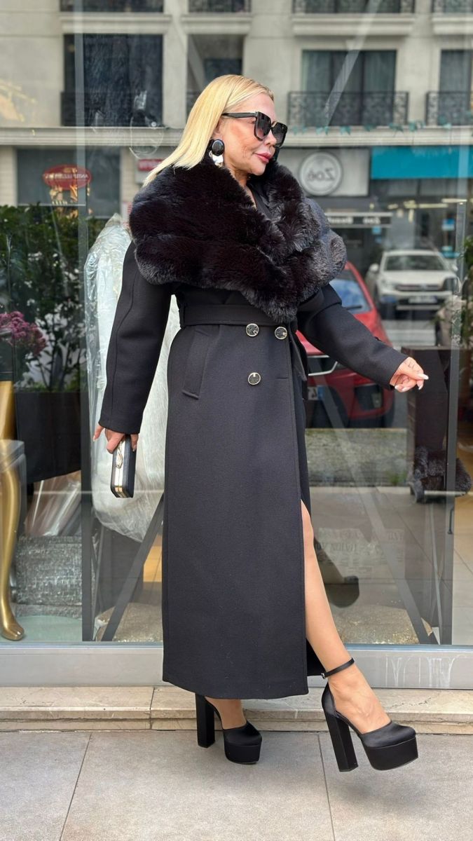 Şal Yaka Maksi Kaşe Palto (Yakası Çıkabilen)