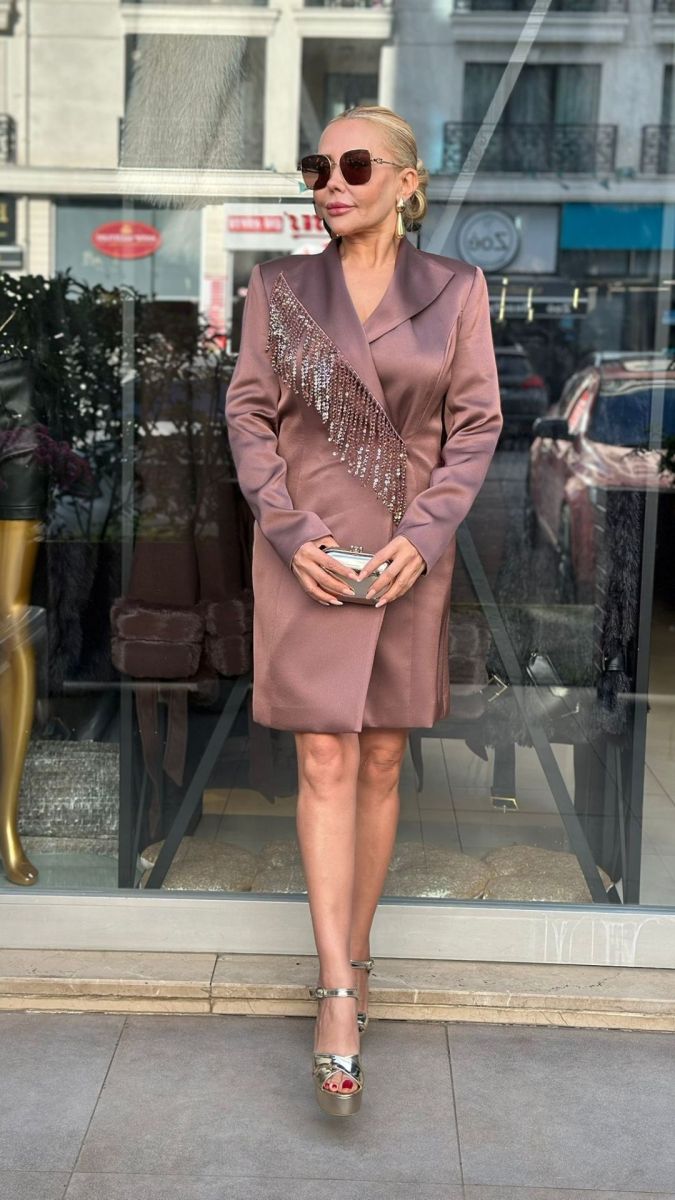 Özel Tasarım Püskül Payetli Vizon Ceket Elbise