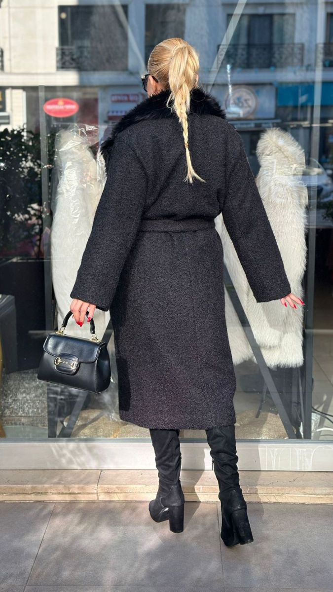 Özel Tasarım Kürk Detaylı Sakallı Siyah Kaşe Kaban