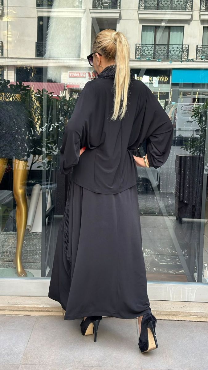 File Detaylı Siyah Takım