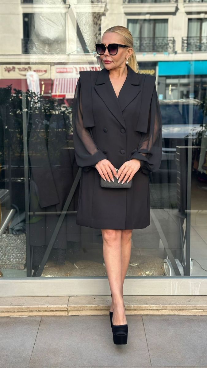 Özel Tasarım Tül Detaylı Büyük Beden Ceket Elbise