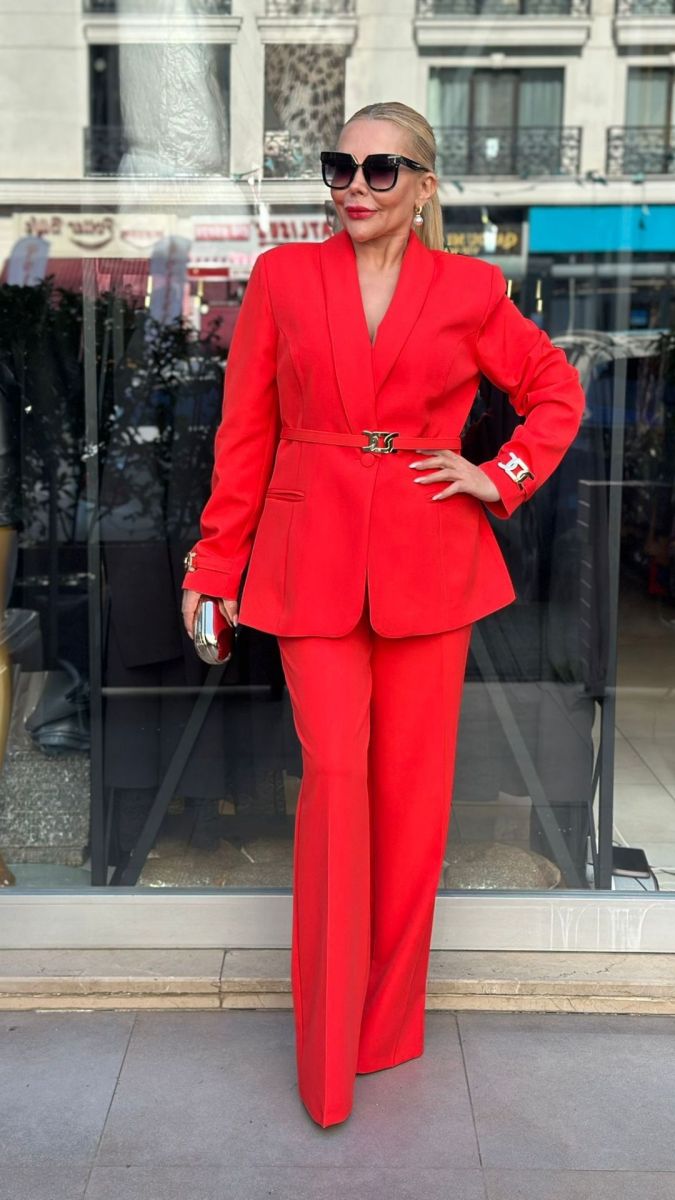 Büyük Beden Atlas Kumaş Nar Çiçeği Takım