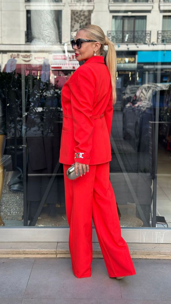 Büyük Beden Atlas Kumaş Nar Çiçeği Takım