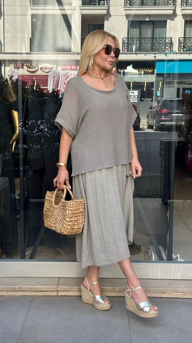 Büyük Beden Keten Yeşil Elbise